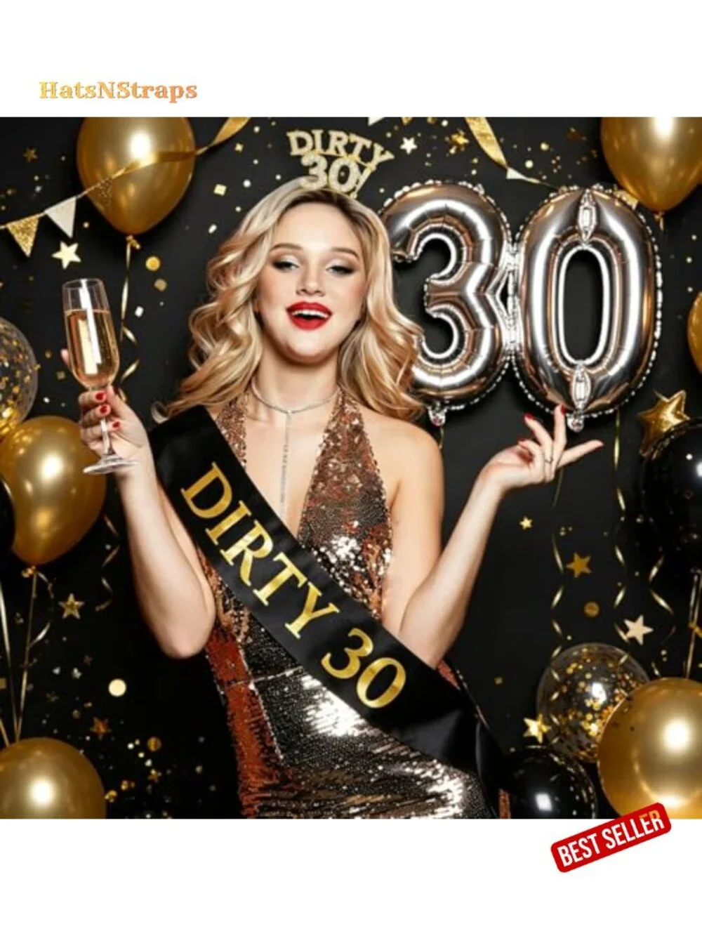 Gold Rhinestone Crown Headband & Black Sash Set for 30th Birthday